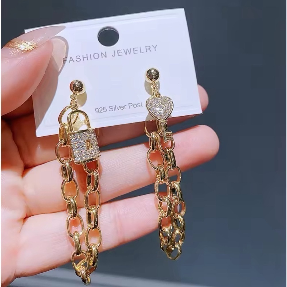 18K Gold Chunky Long Wrap Chain Lock & Key Earrings With Diamond Accents